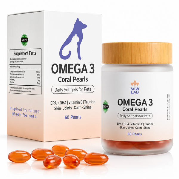 MIWLAB Omega 3 Coral Pearls — bote y caja con perlas de omega 3 para perros y gatos