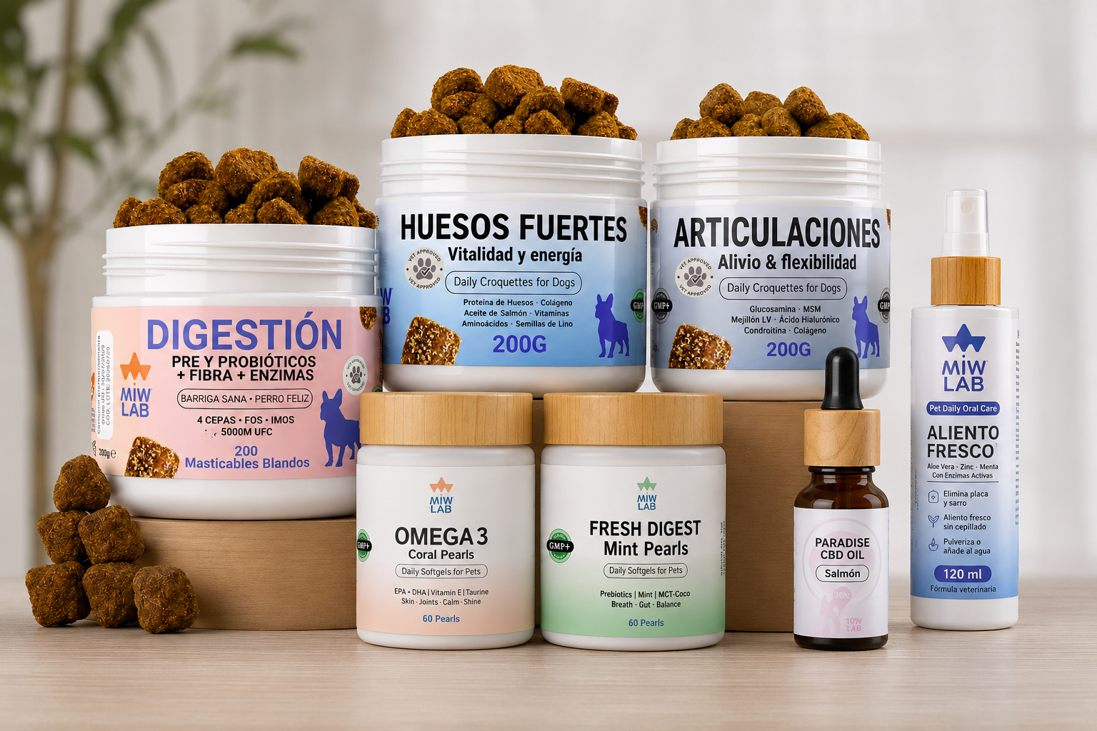 Línea completa de suplementos naturales MIWLAB para perros y gatos