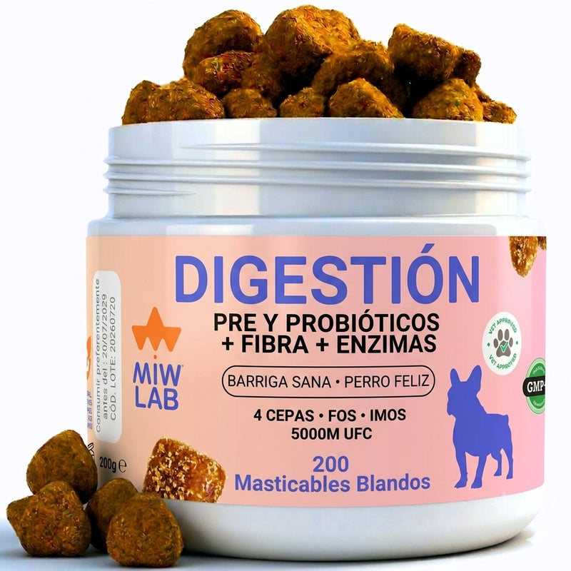 MIWLAB Digestión — pre y probióticos con fibra y enzimas, 200 masticables blandos para perros
