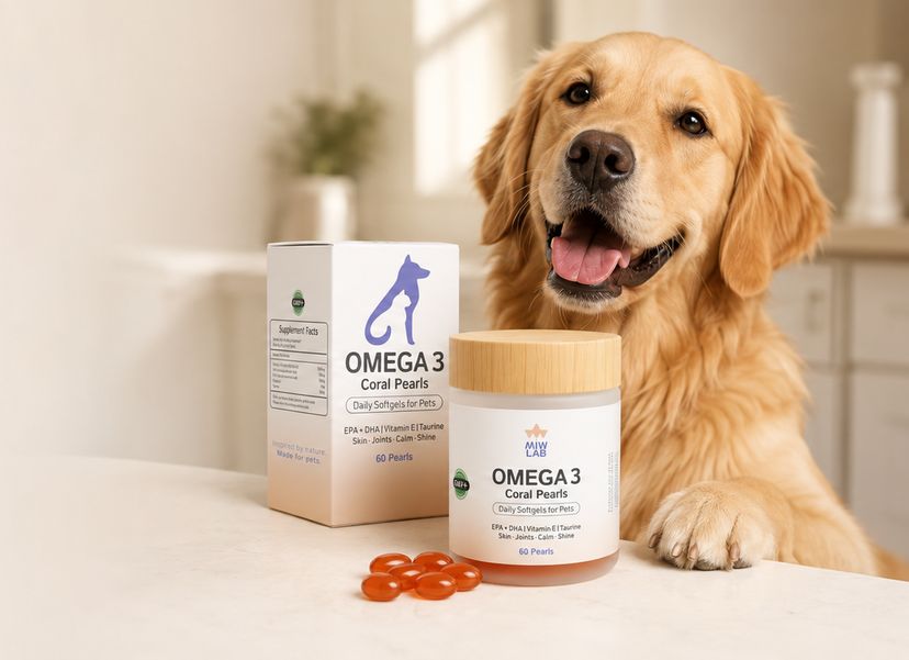 Golden retriever junto a MIWLAB Omega 3 Coral Pearls, softgels diarios para perros